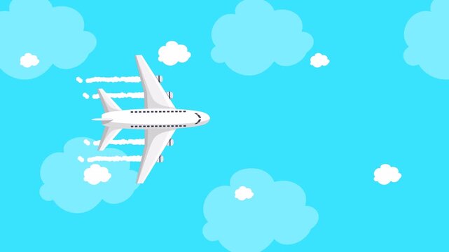 looping background video, animation of an airplane flying through clouds, the airplane emitting smoke effects