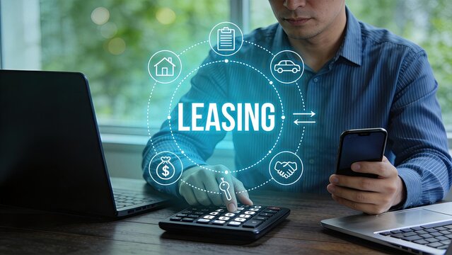 Businessman calculating leasing costs with calculator and smartphone, digital hologram interface showing icons for house car money contract key, financial planning concept