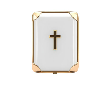 Elegant gold and white Bible with cross on cover isolated on black background