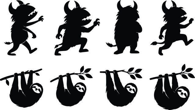 Black Monster and Sloth Silhouette Collection Vector Set in Cartoon Style