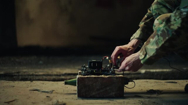 Kamikaze military drone with RPG explosive is being turned on