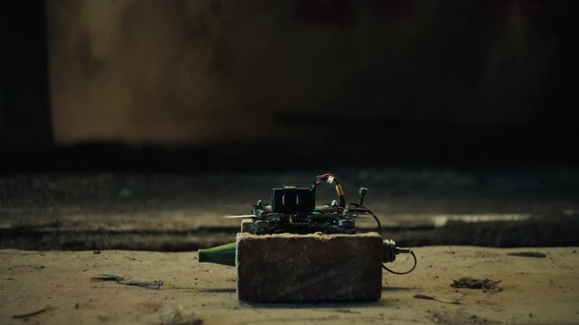 Kamikaze military drone with RPG explosive is taking off in slowmotion