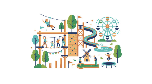Outdoor Adventure Park and Theme Park Illustration with People Enjoying Various Activities