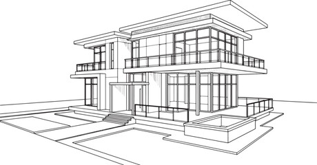 Fototapeta premium Modern two story house architectural sketch with glass facade and balcony in a clean line art vector