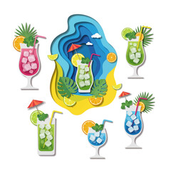 Naklejka premium Paper cut style tropical summer cocktails and drinks illustration set with beach background.