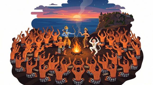 Balinese Kecak fire dance illustration with ocean sunset background, traditional cultural performance in Bali Indonesia