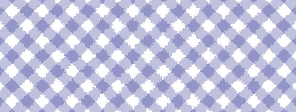 Hand drawn diagonal plaid seamless pattern, lavender purple gingham checkered texture, violet lilac abstract brush stroke geometric background textile.