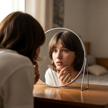 Young woman examines her face in a round mirror, concerned