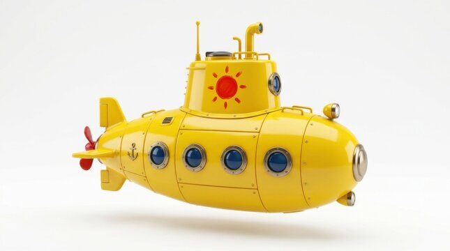 Toy yellow submarine underwater exploration vessel isolated on white