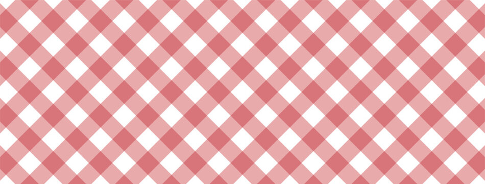 Red gingham seamless pattern background, pink plaid tablecloth banner texture, checkered diagonal picnic cloth square geometric fabric design.