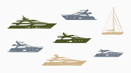 Luxury Yacht and Sailboat Silhouettes Collection in Muted Olive, Blue, and Beige Tones, Flat Vector Graphic Elements for Nautical Themes © sus