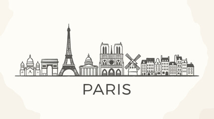 Obraz premium Minimalist Paris Skyline Vector Illustration Featuring Eiffel Tower, Arc de Triomphe, Notre Dame, and Moulin Rouge, with Text 'Paris' on Beige Background, Flat Graphic Style