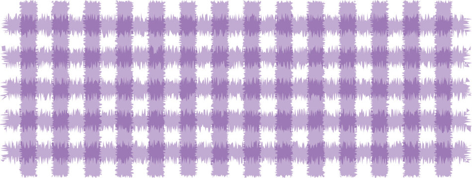 Purple gingham seamless pattern fuzzy edges pattern, abstract checkered geometric fabric background, lavender plaid tablecloth textile.