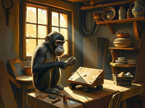 A monkey working on a wooden project.