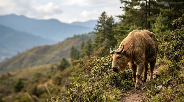 Golden takin walking along a scenic mountain trail