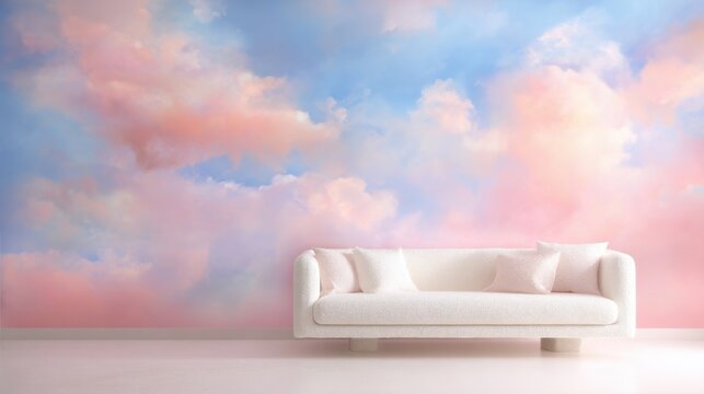 surreal dreamy living room, pastel cloud mural wall in pink blue peach tones, soft white boucle sofa, minimal clean flooring, ethereal lighting