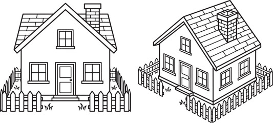 Obraz premium Set of two simple house illustrations with picket fences in front and isometric perspective line art style