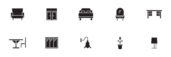 Modern Furniture & Home Interior Solid Icon Set – Living Room, Bedroom, Office, Decor and Household Glyph Icons Collection. © Agastya 897