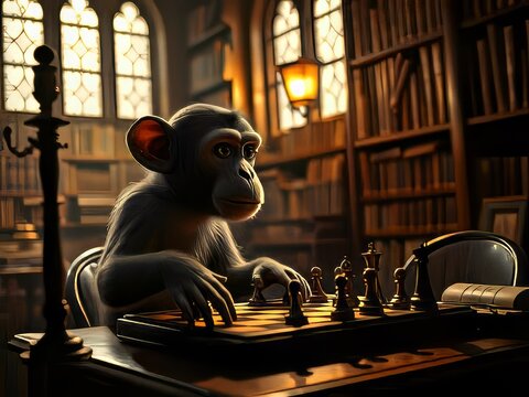 A monkey playing chess in library.