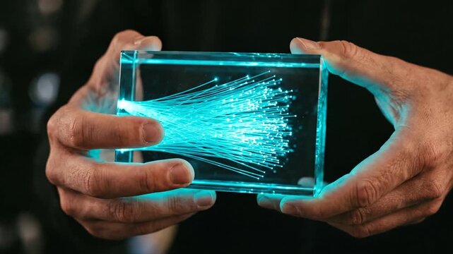 Hands holding glowing blue fiber optic cables encased in glass block