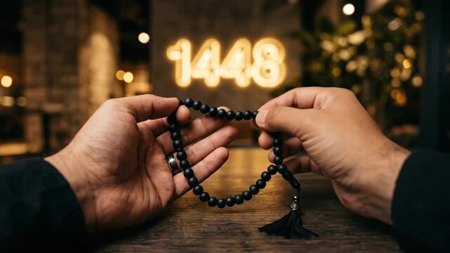 Hands holding prayer beads in front of glowing numeric sign 1448.