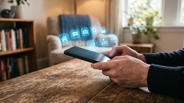 Man holding smartphone with floating digital icons in a living room