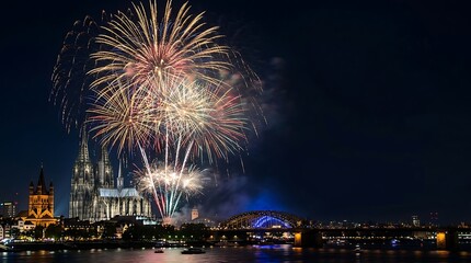 Fototapeta premium Vibrant fireworks illuminating a gothic cathedral and city bridge