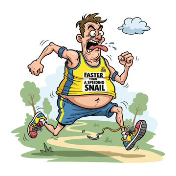 Funny cartoon vector illustration of an overweight, exhausted man running slowly.