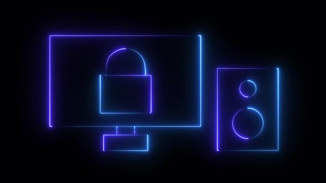 Glowing neon monitor cybersecurity icon isolated on black background. HD Video motion graphic animation. Monitor with neon line lock icon animation on black background. technology data concept.