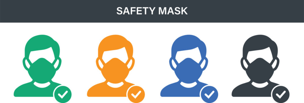 Safety mask solid icon set. Face mask, respiratory protection, personal safety, hygiene and health protection vector icons. Editable, scalable, isolated on transparent background.
