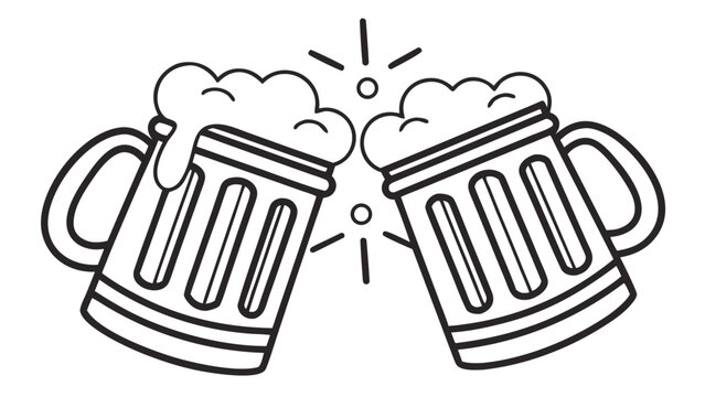 Two beer mugs clinking together, cheers concept, vector illustration