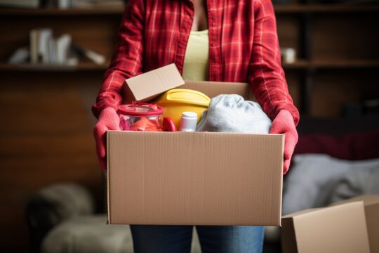 Woman carrying cardboard box with clothes, household items and supplies. Charity, volunteering, donation, community support, helping people in need, recycling, moving and social responsibility