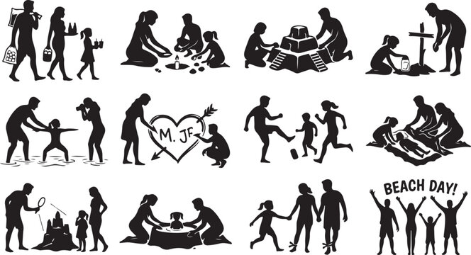 Parents and children creative beach play silhouettes, family summer vacation vector icons