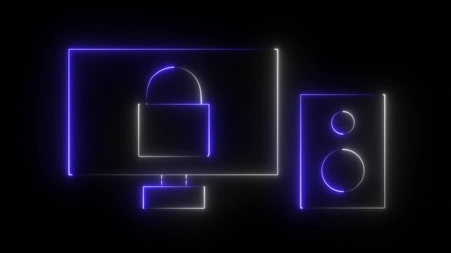 Glowing neon monitor cybersecurity icon isolated on black background. HD Video motion graphic animation. Monitor with neon line lock icon animation on black background. technology data concept.