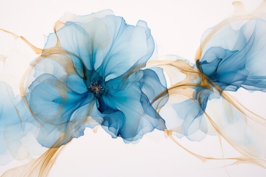Elegant abstract floral composition, translucent blue flowers with flowing ink-like textures and soft golden accents. Modern artistic design inspired by watercolor and contemporary botanical art