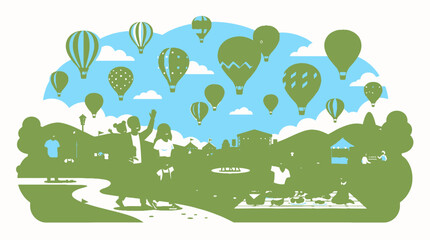 Obraz premium Colorful Hot Air Balloons Floating Above Scenic Landscape.