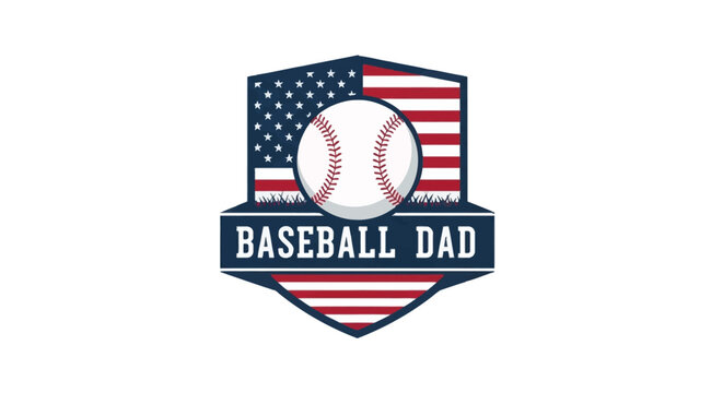 Patriotic Baseball Dad emblem featuring a detailed baseball and American flag stars and stripes design inside a navy blue shield crest with white text and grass silhouette.