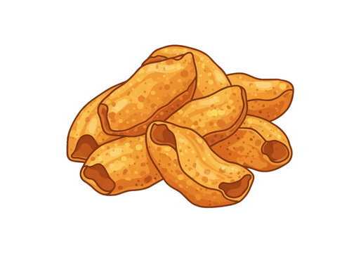 Illustration of a pile of crispy fried pork rinds or wheat flour snacks known as chicharrones. Crunchy salted Mexican street food snack pieces isolated on white background.