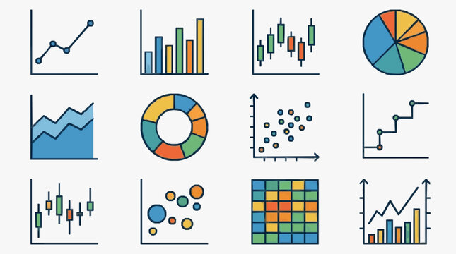 Corporate Infographic Showcasing Diverse Data Visualization Charts Line Graphs Bar Charts Pie Charts Candlestick Patterns Heatmaps Scatter Plots and Bubble Charts in Vibrant Colors