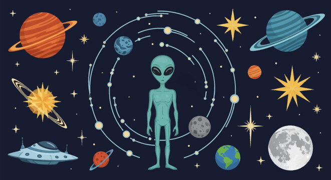 Space themed vector illustration featuring a central alien figure surrounded by a solar system with planets, rings, a flying saucer UFO, shining stars, and circular orbital paths.