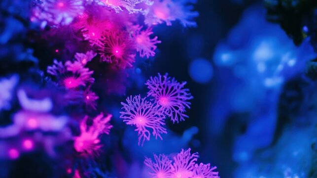 Bright, colorful coral reef with vivid purple and blue highlights