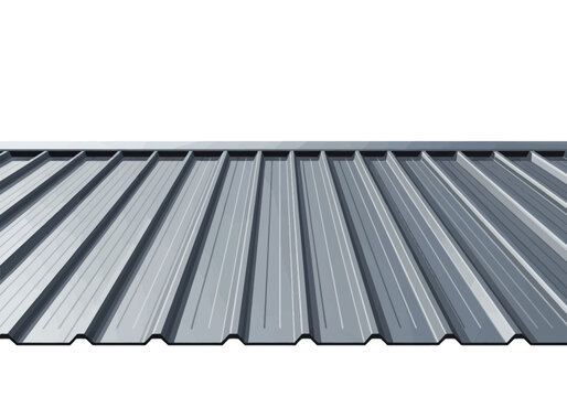 Perspective view of corrugated metal roof or wall siding panels with grey metallic finish and parallel ridges, industrial building material isolated on white background.