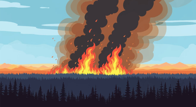 Vector illustration of a massive wildfire with intense orange flames and thick dark smoke plumes rising above a silhouette of a coniferous pine forest under a clear blue sky.