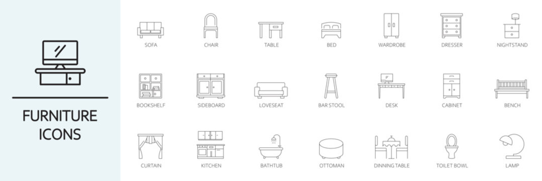Furniture - minimal thin line web icon set. Outline icons collection. Simple vector illustration.