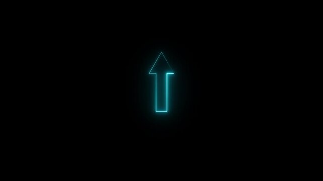 Arrow - shaped neon sign down to up. Glowing cyan neon arrow symbol icon. Directional sign up points to the right on black screen.