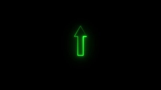 Arrow - shaped neon sign down to up. Glowing green neon arrow symbol icon. Directional sign arrow points to the up on black screen.