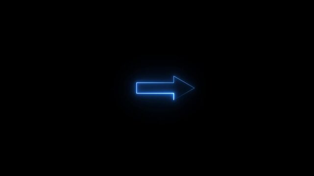 Arrow - shaped neon sign left to right. Glowing blue neon arrow symbol icon. Directional sign arrow points to the right on black screen.