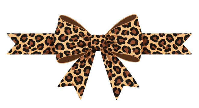 Horizontal leopard print ribbon and bow illustration with animal skin pattern, brown and tan spots, isolated on white background for fashion design and gift wrapping elements.