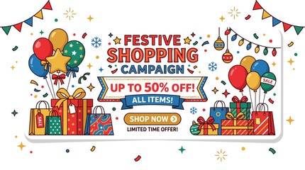 Festive shopping campaign advertisement with colorful balloons and gifts. © awam