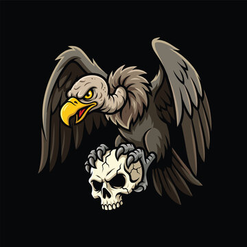 Fierce Vulture Holding Human Skull Mascot Design